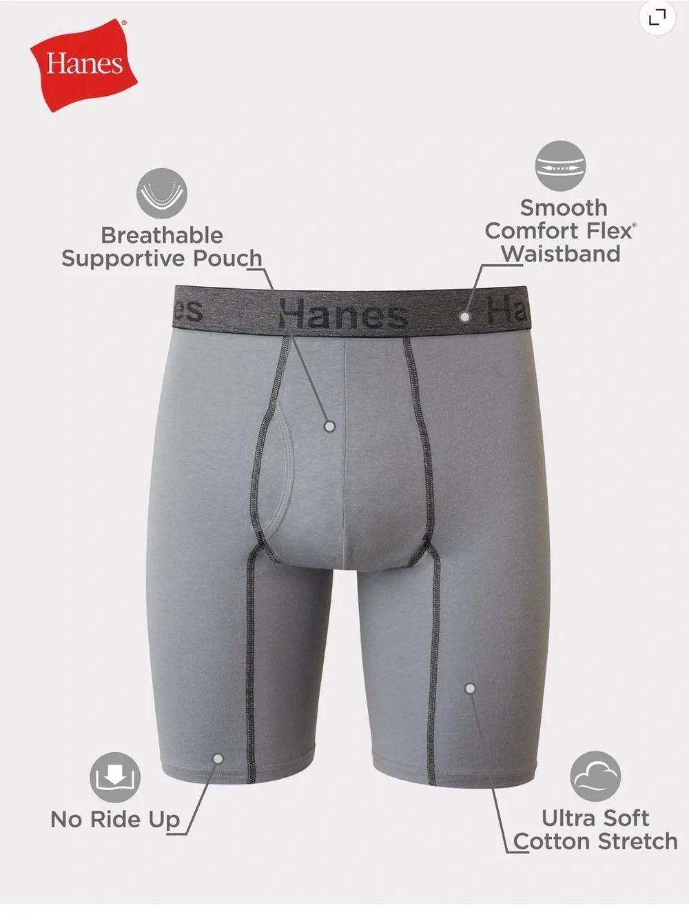 💜Hanes Fit Ultra Soft Cotton Stretch Long Leg Boxer Briefs,3Pack sizeSmall28-30